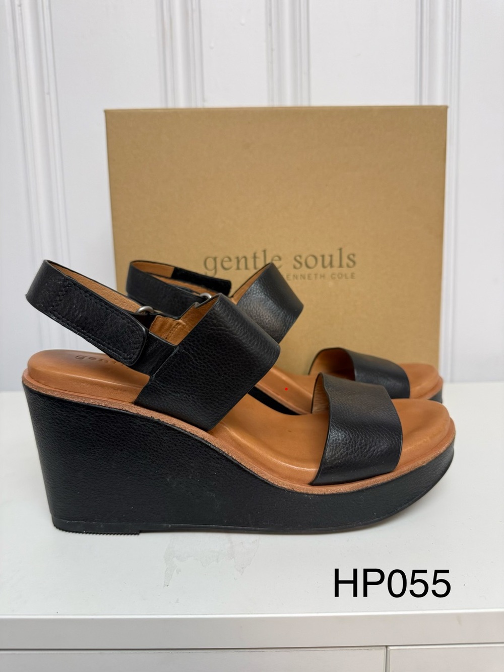 Gentle Souls Hope Black Leather Platform Wedge Sandals 9.5